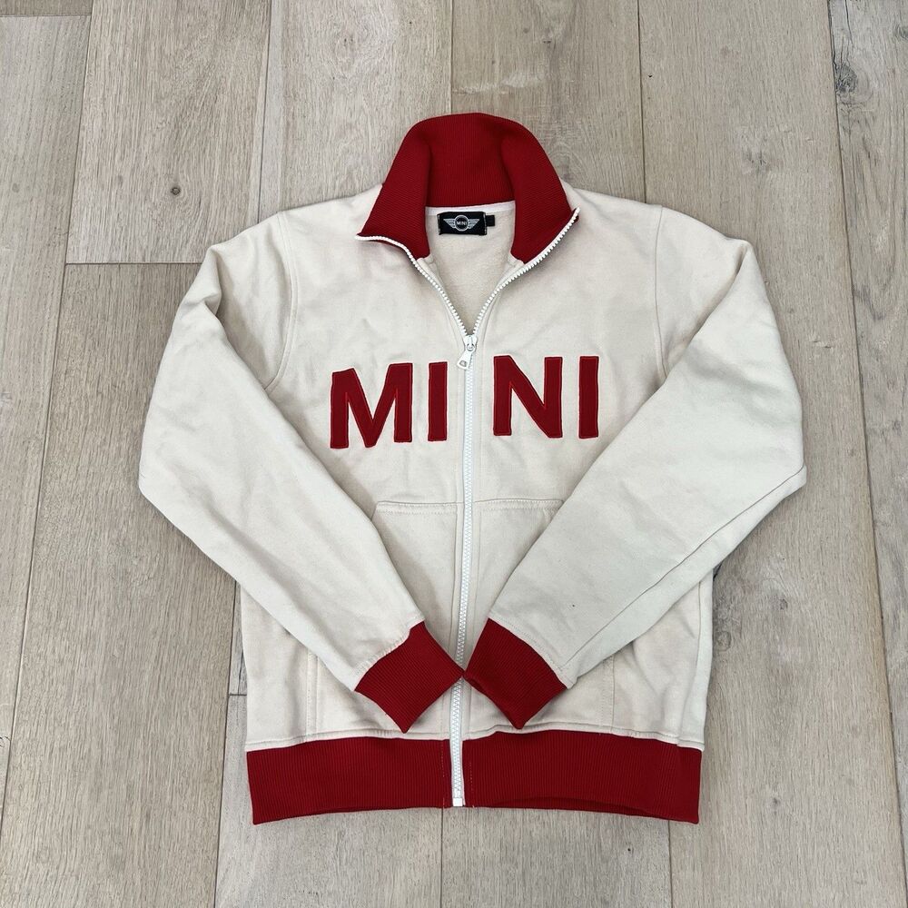 Mini Cooper Beige Red Full Zip Jacket Women Small Spell Out MINI Logo